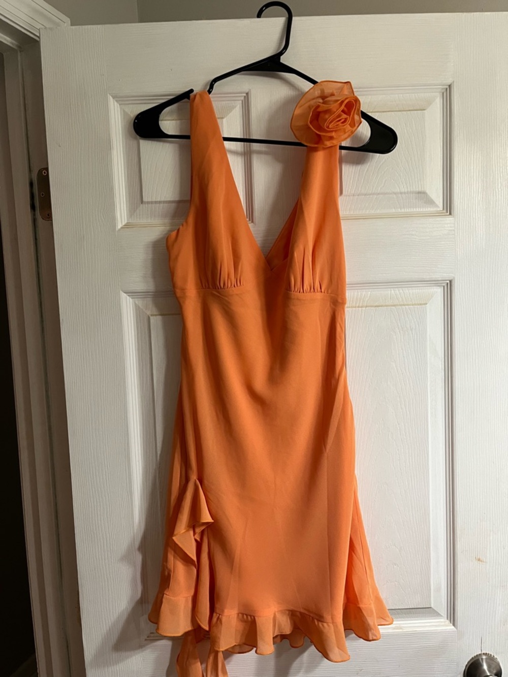 White Fox Boutique Orange V-Neck Mini Dress with Floral Accent